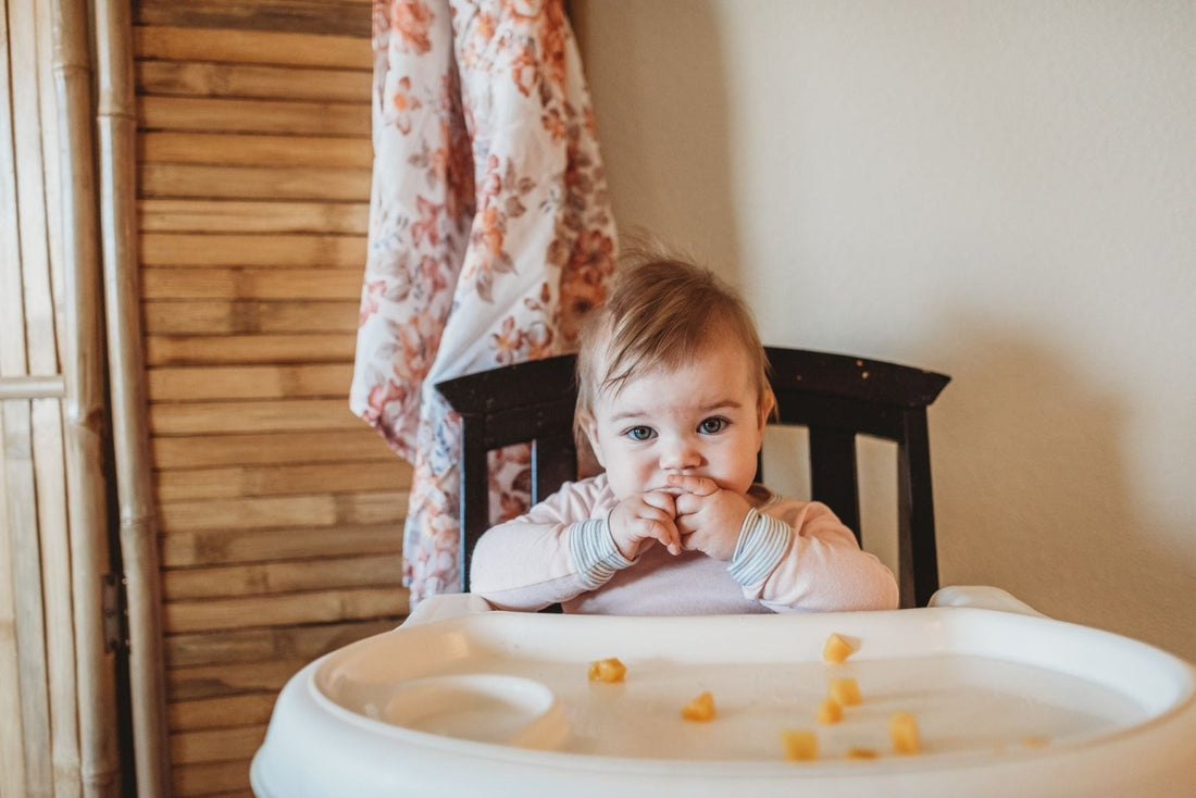 baby sitting in a high chair eating fruits