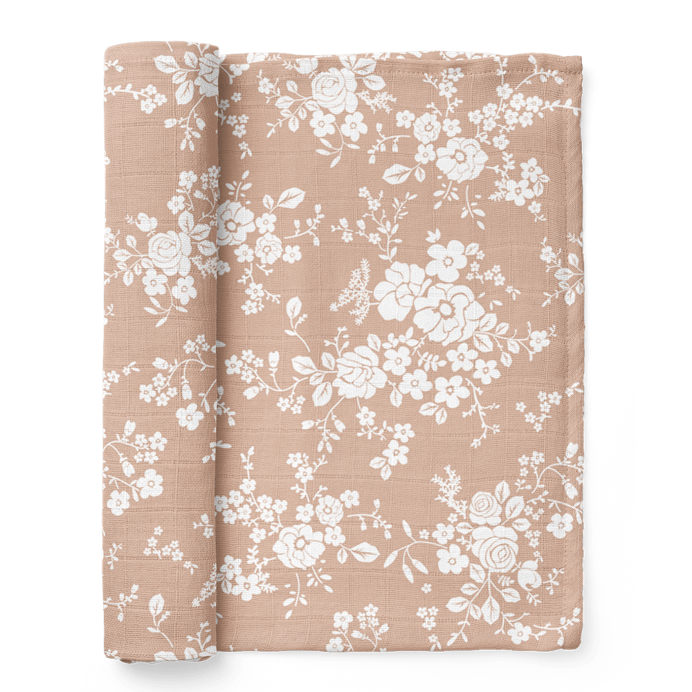 half rolled vintage bouquet swaddle blanket showing the intricate vintage floral designs