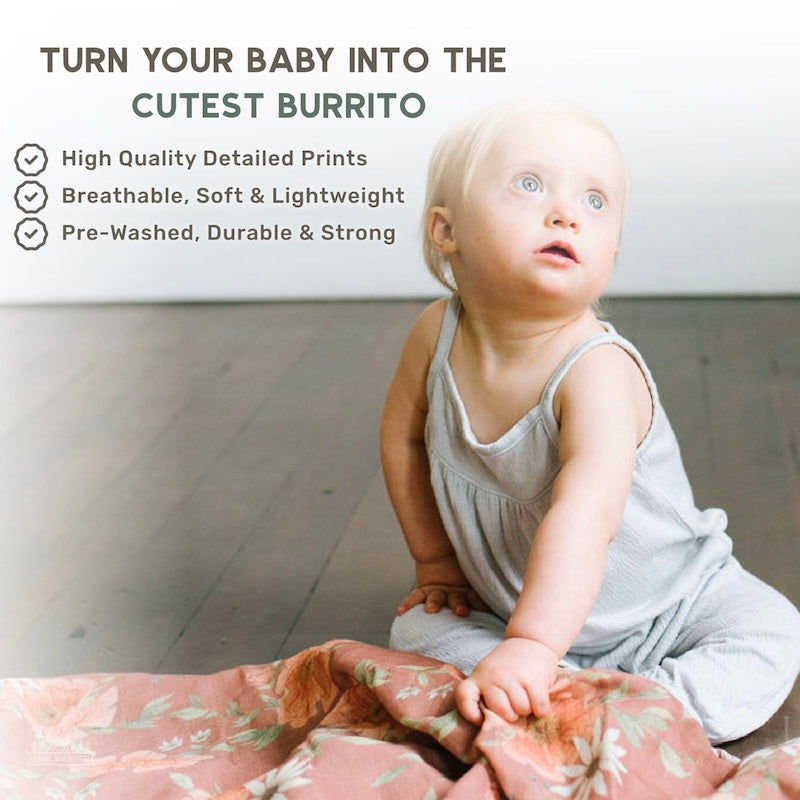 infographic that says turn your baby into the cutest burrito with a background showing an adorable baby holding the peony blooms floral swaddle