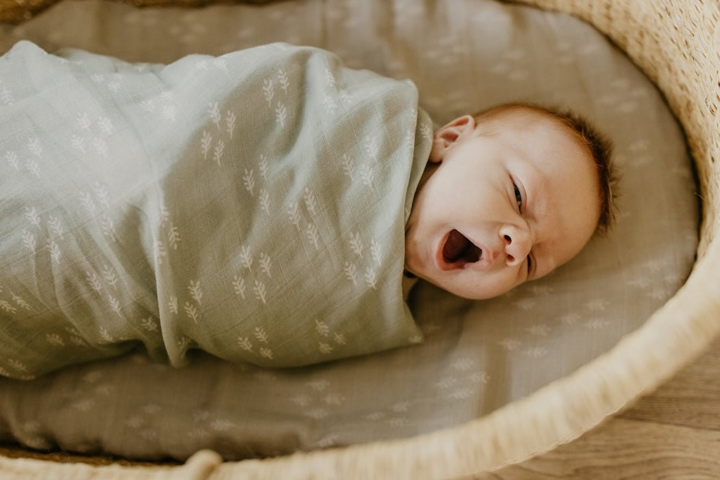 just woke up fresh from a deep sleep baby boy yawning wrapped in a forest green baby muslin blanket