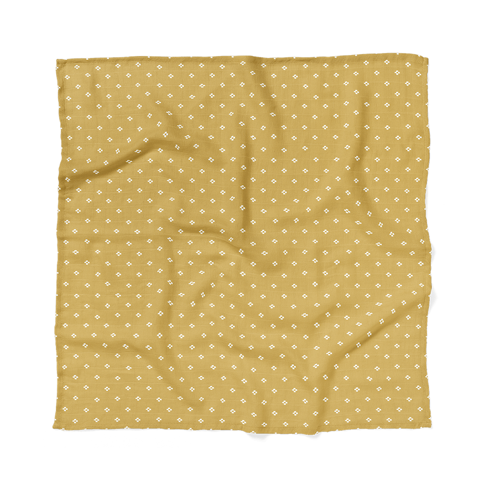 Yellow Baby blanket laid flat showing the boho squares