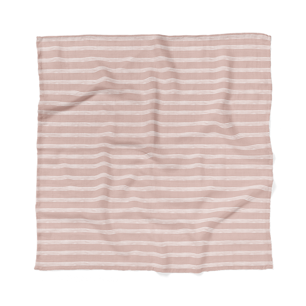 A photo of our newest receiving blankets which is the classic stripe blankets in smoky rose mauve color laid flat