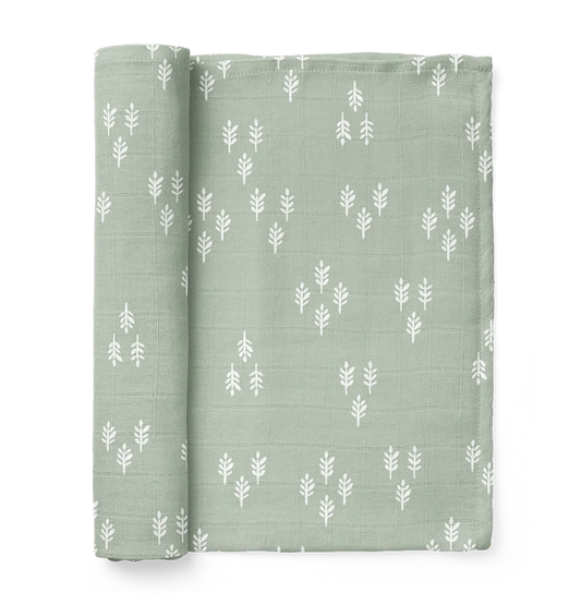 green baby boy swaddling blanket with a forest pattern, small pine trees on a sage green backdrop
