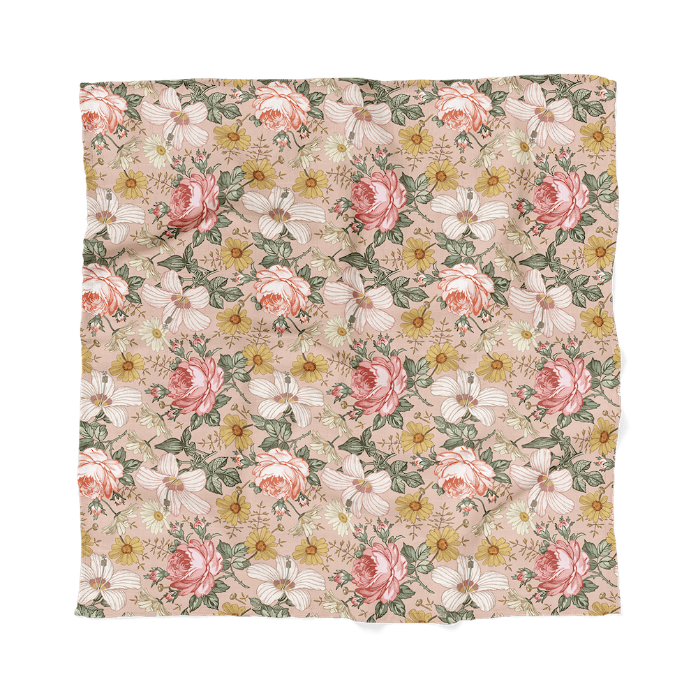 Swaddle with pink vibes which has prints of white hibiscus, pink roses and yellow daisy