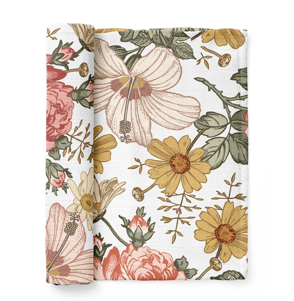 This is a best-selling mini wander swaddle for babies with garden floral designs of Hibiscus flower, sunflower, and rose. This is made from muslin cotton that is light and breathable.