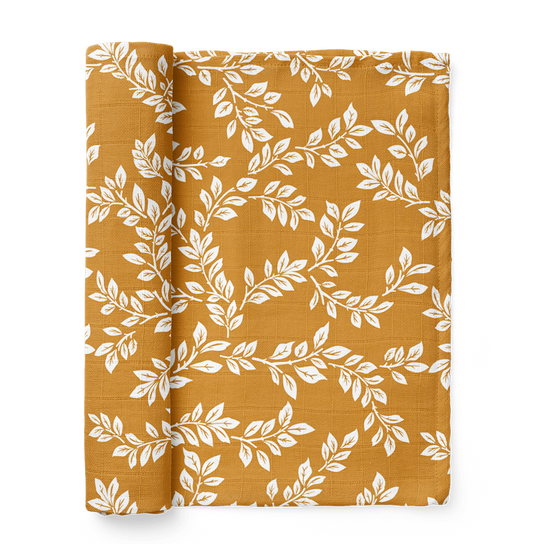 half rolled leaf swaddle blanket in the mustard color the perfect baby wrap or boy blankets