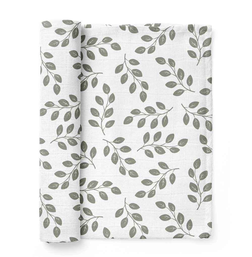 half-rolled leaves sage green muslin swaddle blanket that is perfect for swaddling in the summer