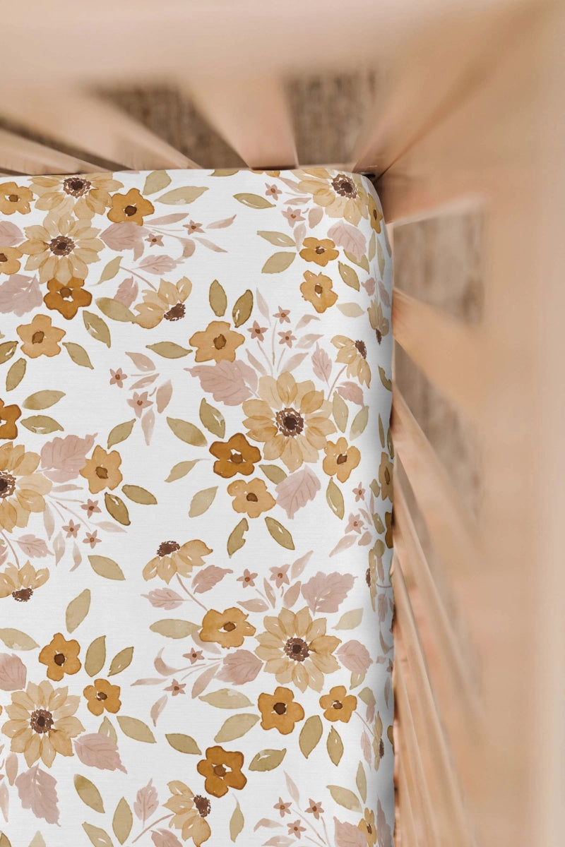 watercolor floral crib sheet. Baby bedding with sunflowers