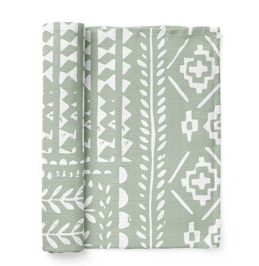 A photo of the Tapestry Green Spruce boy swaddle the perfect gift for baby