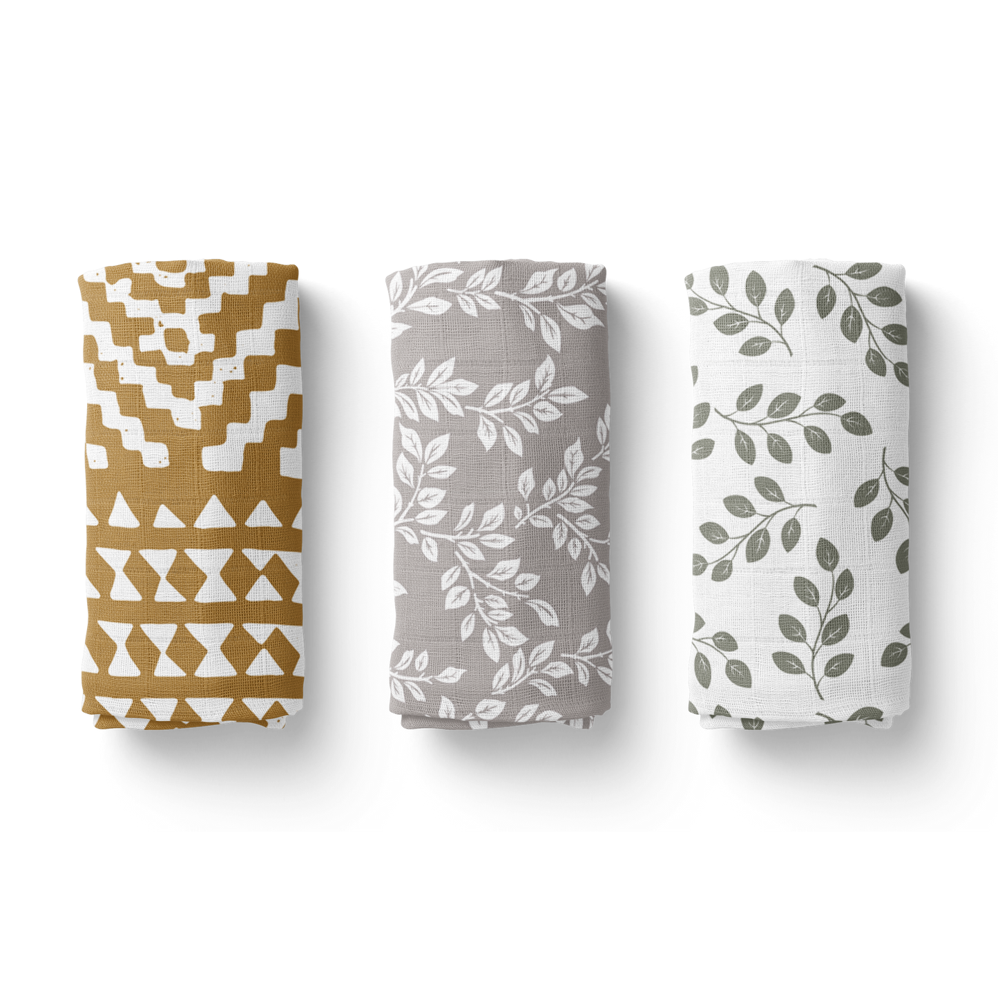 three rolled swaddle blankets in the tapestry, leafy sprig and leaves for a baby boy newborn set