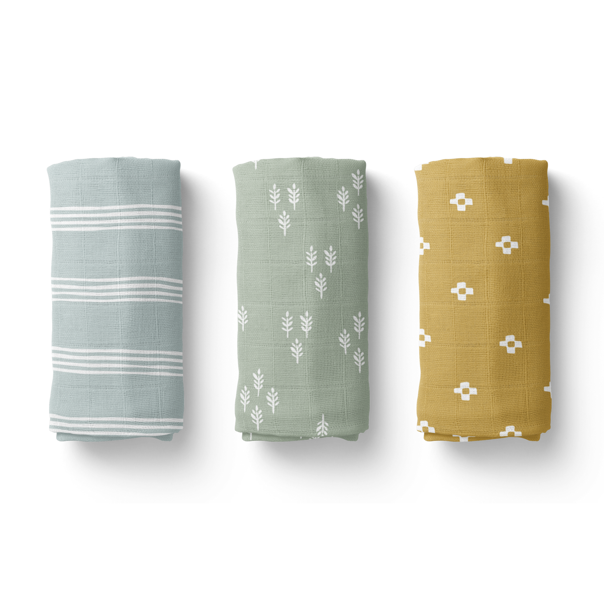 Baby boy gift set bundle deal of three discounted swaddle blankets for boy. A stripped blue, a forest tree sage green blanket and a mustard boho squares plus sign pattern.