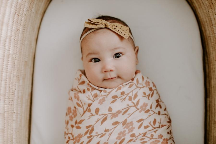 sweet baby girl laying on her baby bassinet wrapped in her muslin swaddle in the magnolia tree brown swaddle blanket