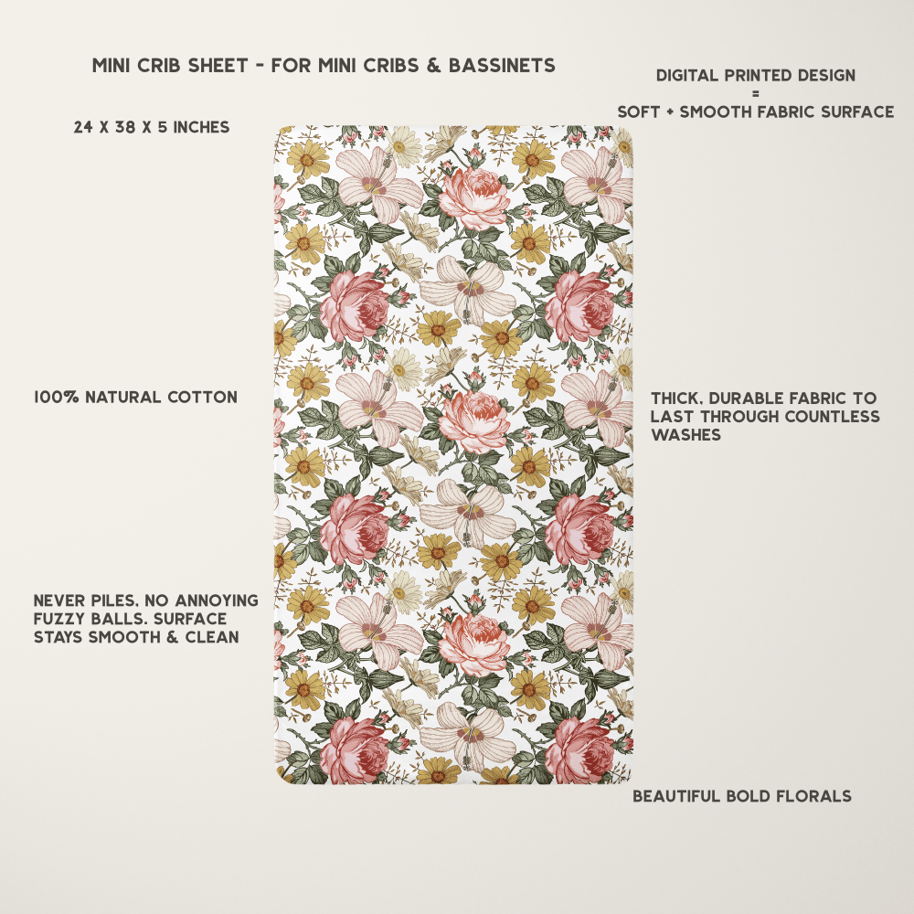 mini sized crib sheet laid flat covering the small baby mattress with the details about size, measurements, fabric and pattern