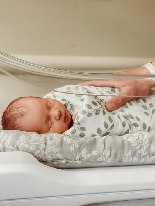 newborn baby boy in a hospital bassinet wrapped in a leaf green swaddle with his fathers hand on him