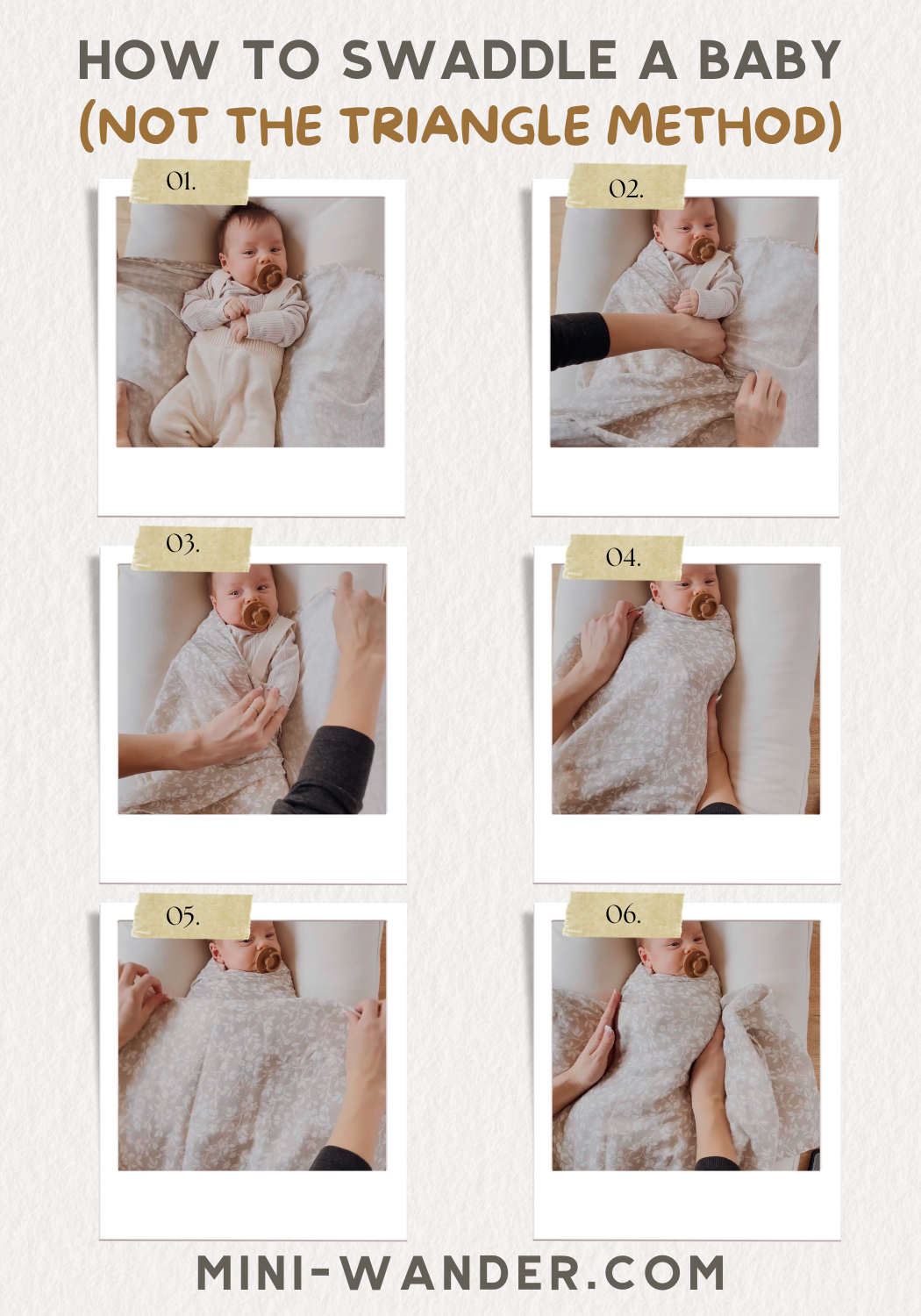 step by step images showing how to swaddle a baby