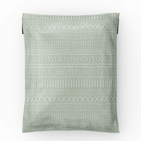 the 12x15.5 polymailer shipping bag in the color Pastel Green with geometric prints laid flat