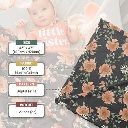 infographic showing the dimension, size fabric, pattern and weight details of the peony bloom charcoal gray swaddle blanket