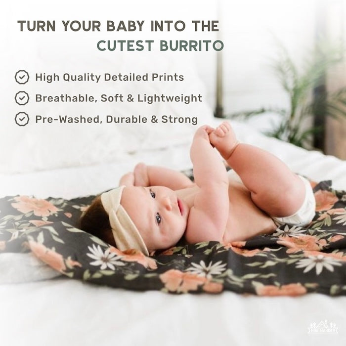 infographic that says turn your baby into the cutest burrito showing an adorable baby laid flat on the peony bloom charcoal gray swaddle blanket