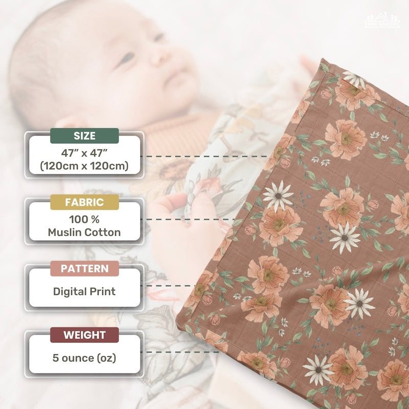 infographic of the peony bloom clay swaddle blanket showing the size, fabric make, pattern and weight of the nursery blanket 
