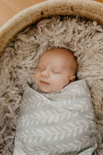 baby boy sleeping soundly in a baby bassinet covered with cottony soft fabric wrapped with the tapestry boy swaddle