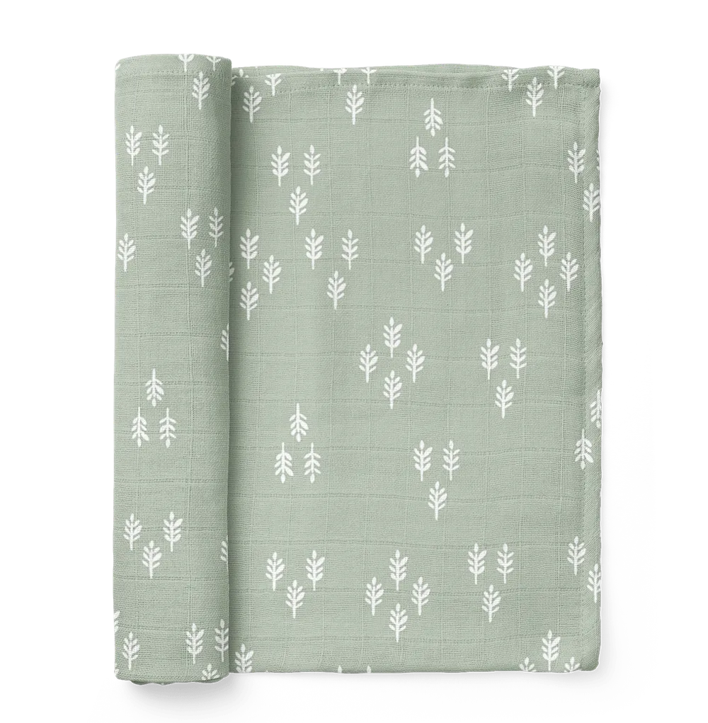 green baby boy swaddling blanket with a forest pattern, small pine trees on a sage green backdrop