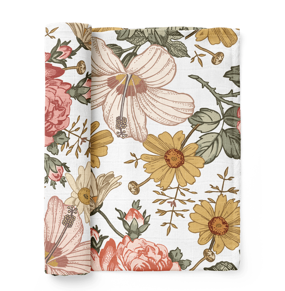 This is a best-selling mini wander swaddle with garden floral designs of Hibiscus flower, sunflower, and rose. This is made from muslin cotton that is light and breathable.
