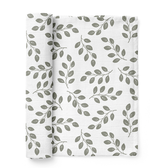 half-rolled leaves sage green muslin swaddle blanket that is perfect for swaddling in the summer