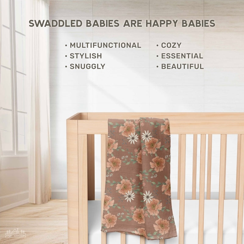 swaddled babies are happy babies infographic showing the peony clay brown floral muslin baby swaddles