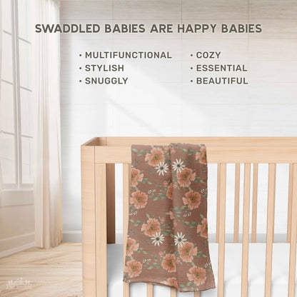 swaddled babies are happy babies infographic showing the peony clay brown floral muslin baby swaddles