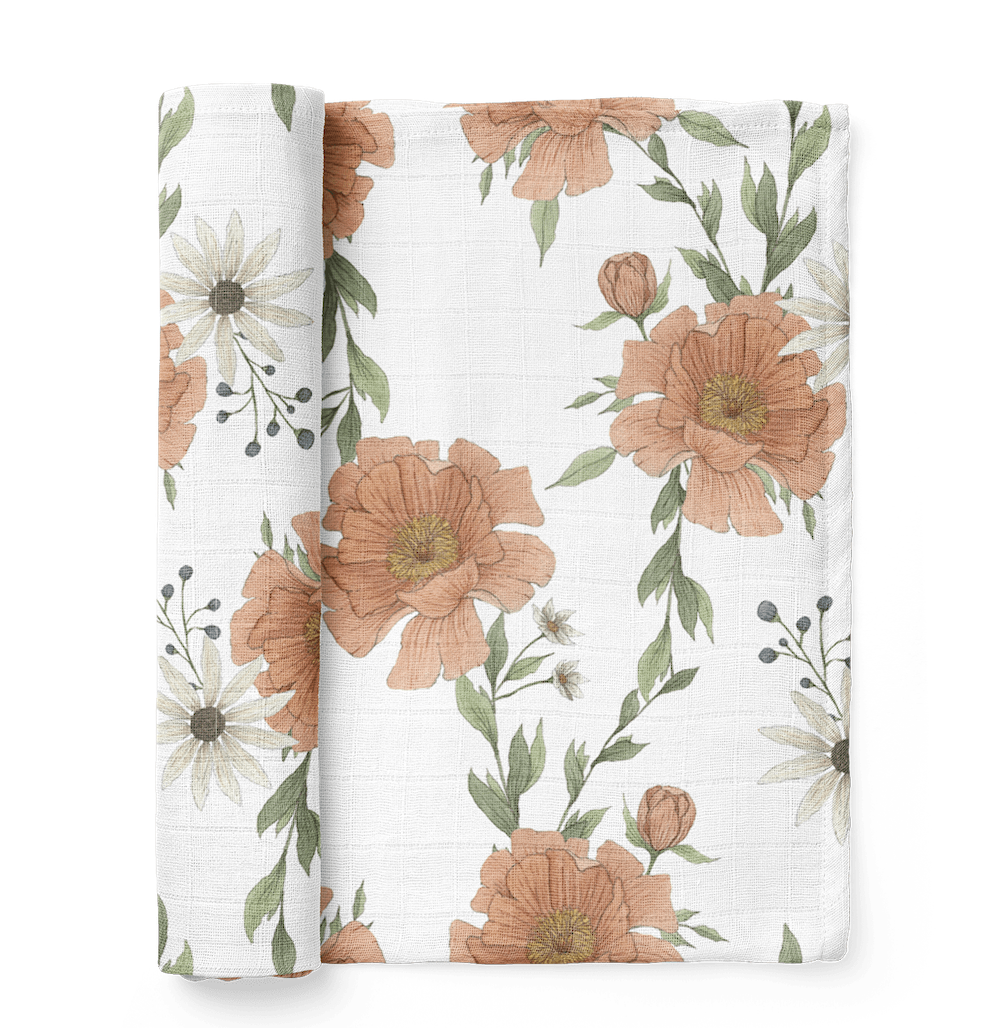 The Mini Wander peony swaddle folded showing the beautiful peony flowers and buds