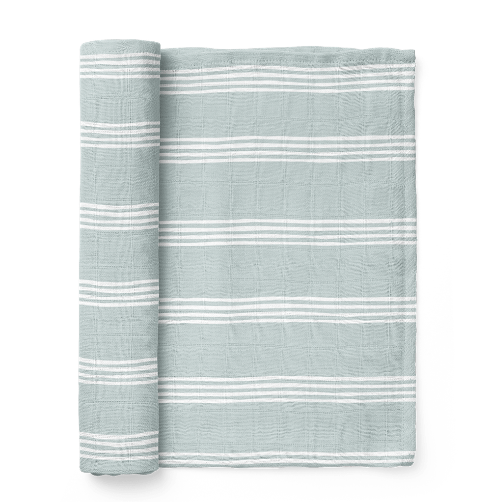 stripe baby swaddle in the color blue for baby boy made from high quality cotton muslin fabric
