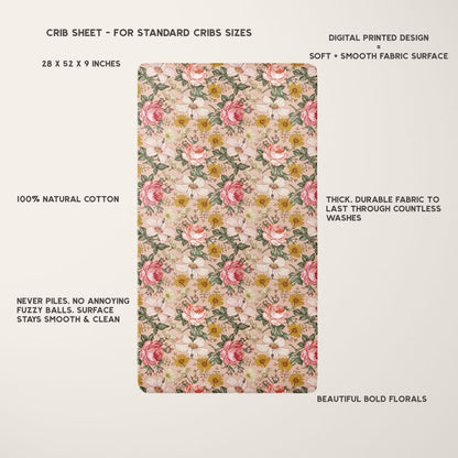 baby crib sheets details showing off the great features of this favorite nursery decor including size, print, surface fabric and the beautiful bold florals of this pink crib sheets