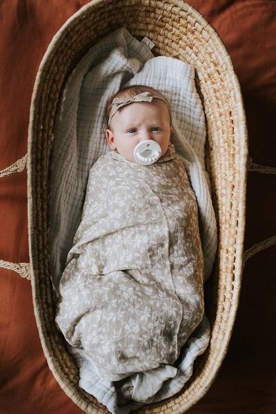 a cute and adorable baby girl with a pacifier on wrapped in a cozy gray floral swaddling blanket laying peacefully and looking at the camera inside her baby basket