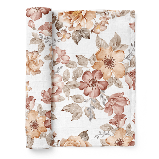 Mini Wander sunset garden floral with a stunning vintage bouquet of fluffy primroses and ruffled peonies accented with creamy foliage. The colors are sunset hues.